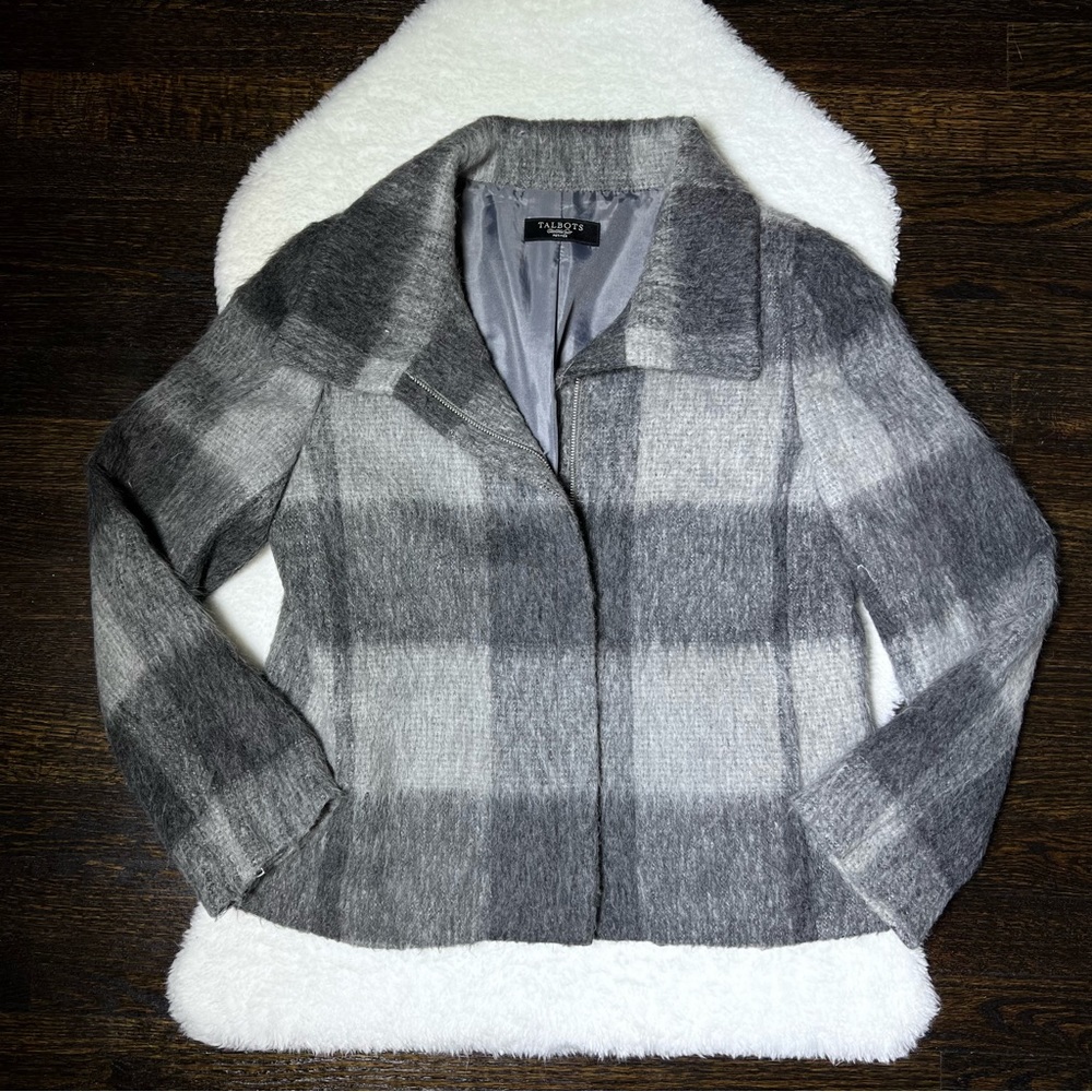 Talbots Gray Buffalo Plaid Wool Blend Jacket Size 6 Petite